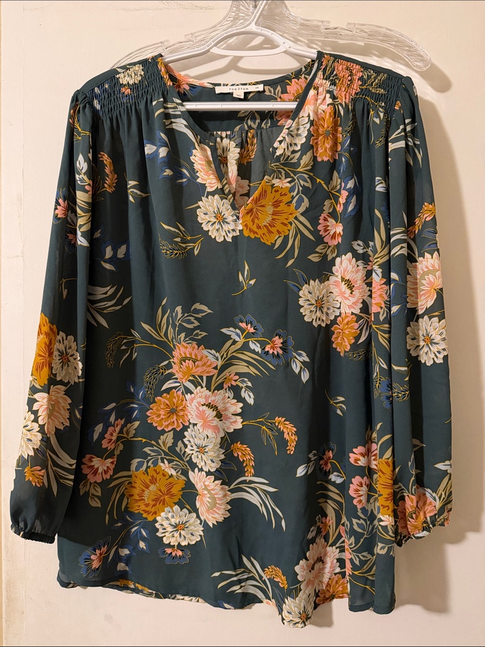 fun 2 fun Dark Teal Floral Peasant Top with Pink & Mustard Blooms